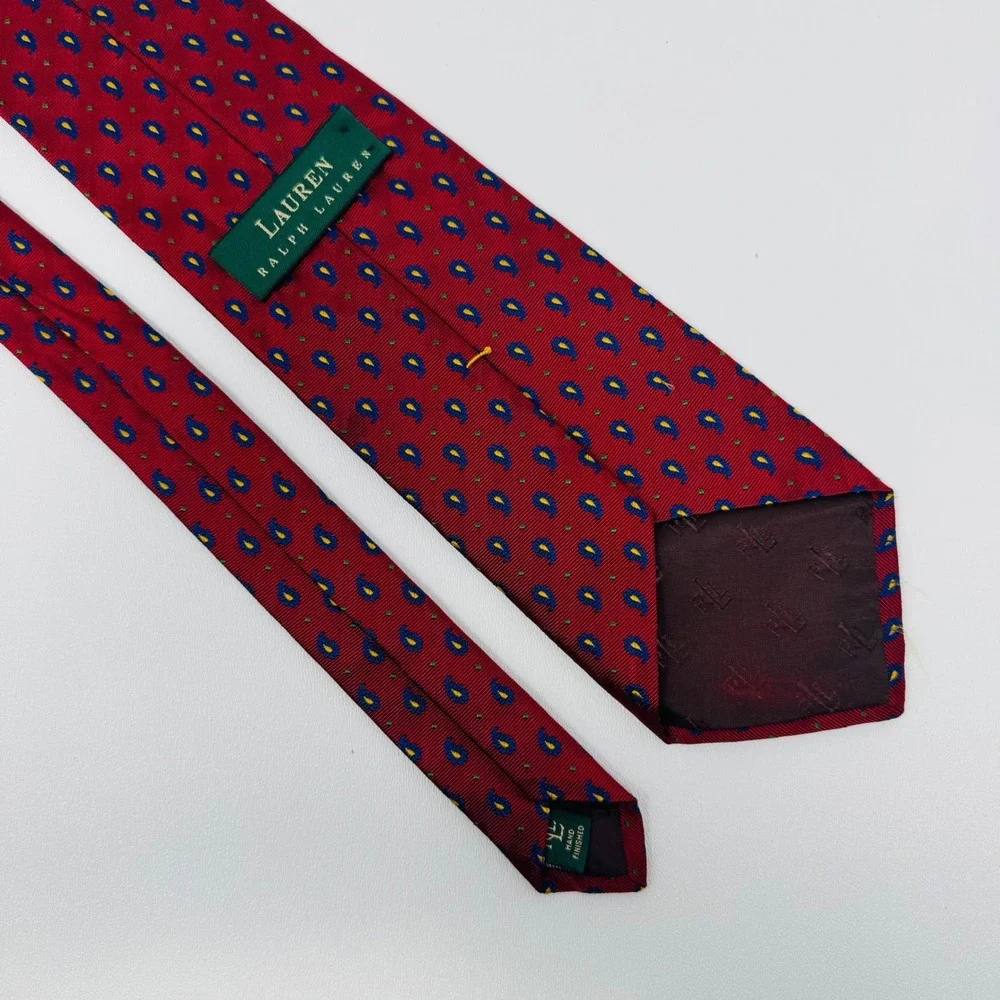 VTG Lauren Ralph Lauren Mens Silk Tie Red Blue Paisley Pattern Hand Finished USA